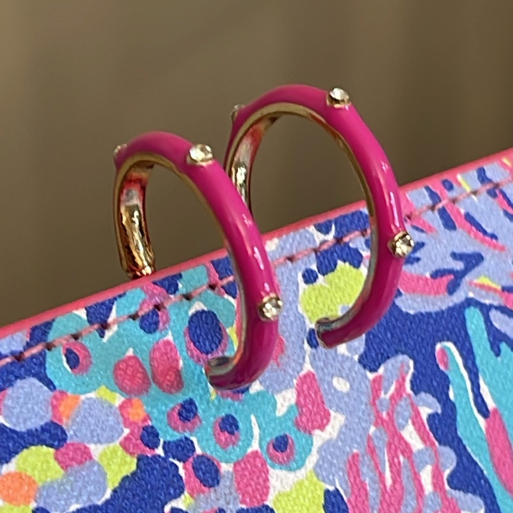Boutique Style Hot Pink - Fuchsia Enamel Hoops with Rhinestone Accents. - Picture 2 of 16